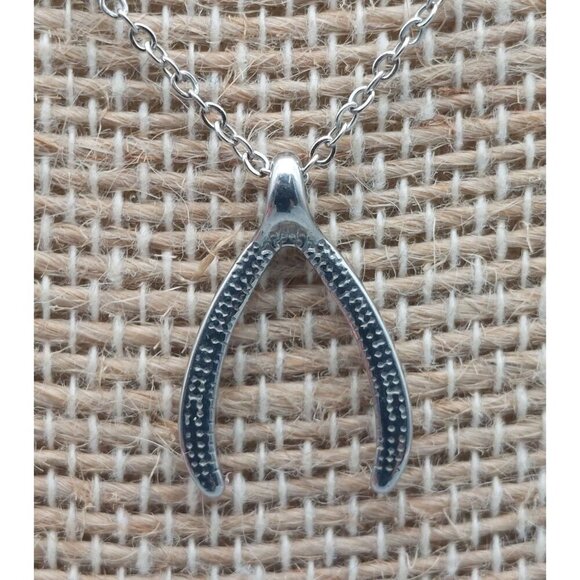 JBD Stainless Steel Wishbone Pendant Necklace SIlver Tone Dainty Signed 17" Long - Picture 3 of 8